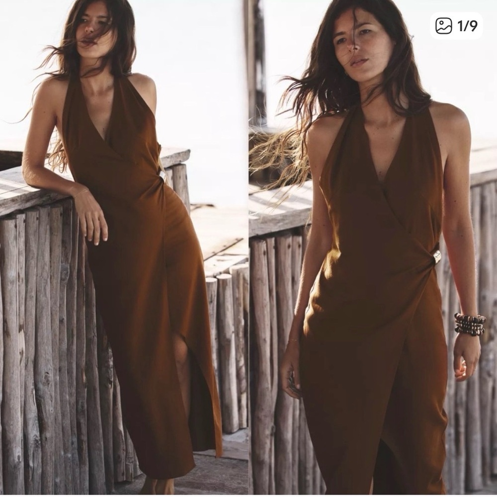 Zara LINEN MIDI DRESS WITH GOLD APPLIQUÉ